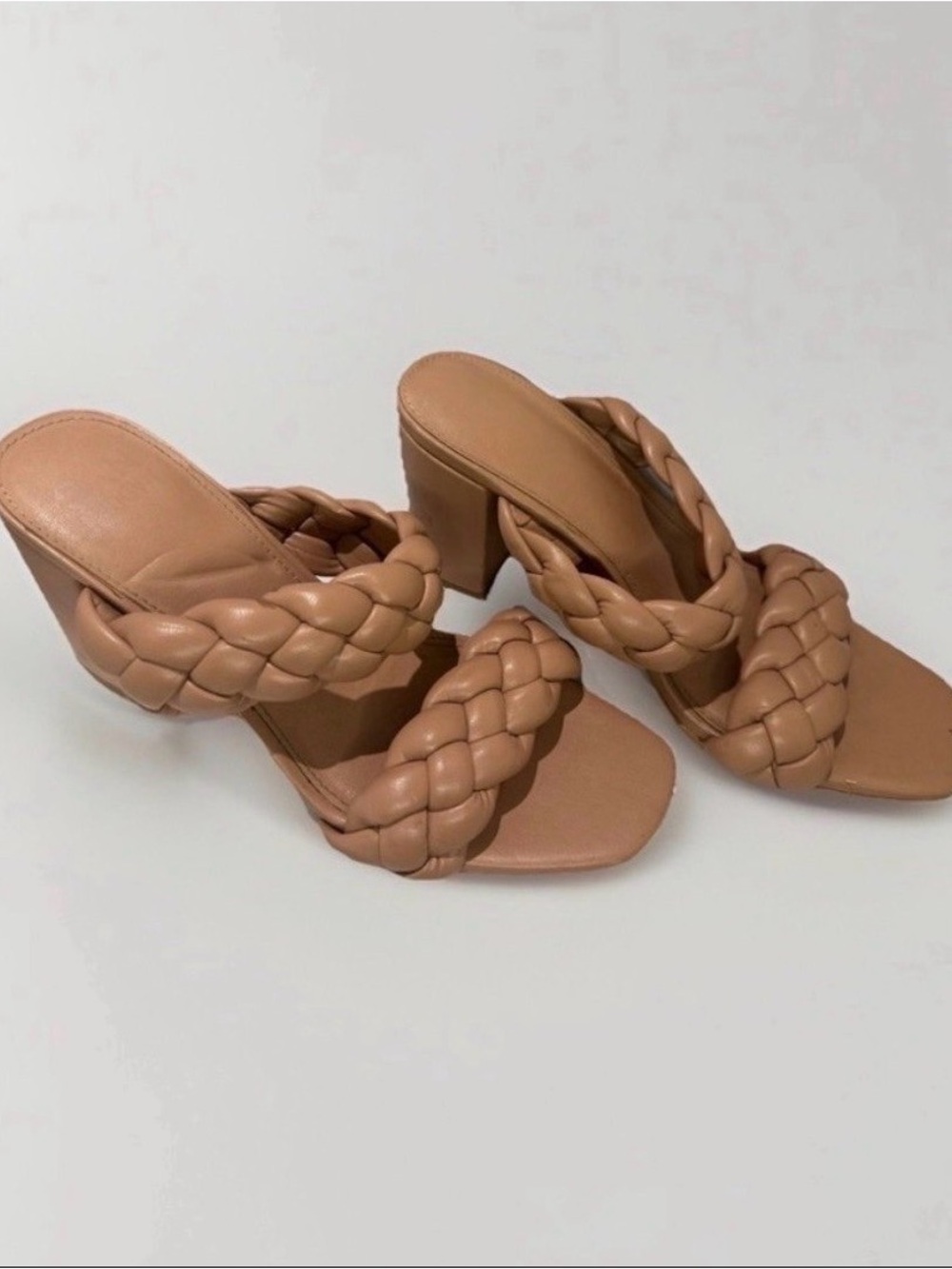 Braided Double-Strap Block Heel Mules - Tan